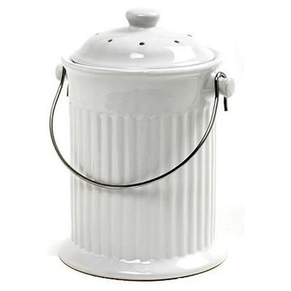 Compost Crock 1 Gallon White - Ceramic Kitchen Compost Bin with Lid & Filters - Indoor Compost Collection for Kitchen Countertop - Odor Control
