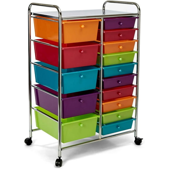 Rolling Utility Organizer Storage Cart , for Home Office, School, Classroom, Scrapbook, Hobby, Craft, 15 Drawer, Multicolor (Pearlized)