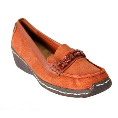 Women's Orange Suede Cushion Wedge Shoes with Stone Strap Accent - Size 6