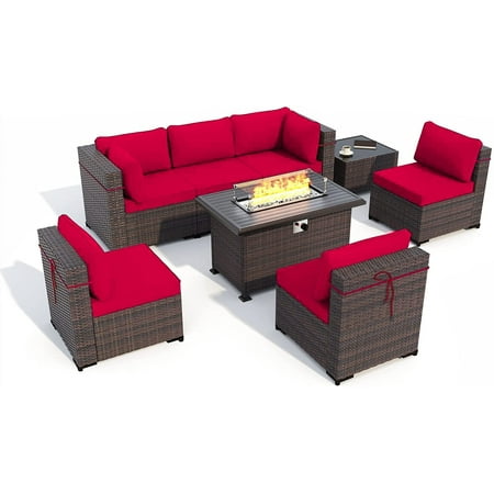 Gotland Outdoor Patio Furniture Set 8 Pieces Rattan Wicker Sectional Sofa with 43.3 Gas Fire Pit Table Red