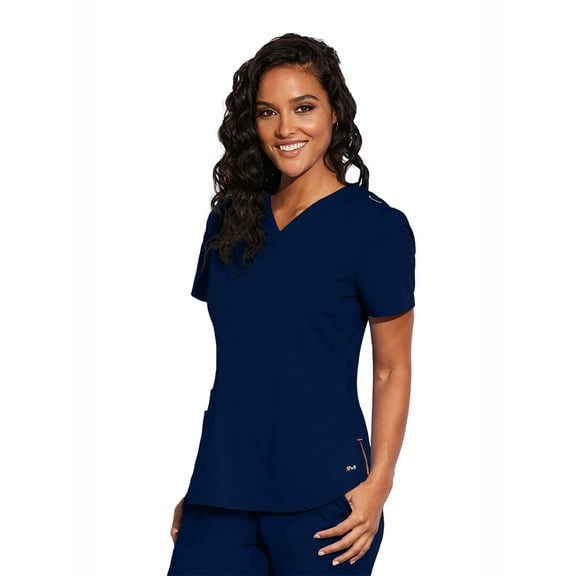 Motion By Barco MOT001 Women's Three Pocket V-Neck Rib Knit Inset Scrub Top Navy XXS