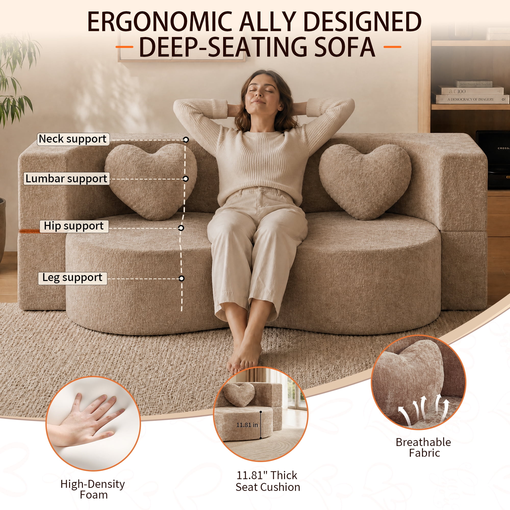 78.74"W Heart-Shaped Convertible Sofa,Floor Couch,Sleeper Sofa Bed,No Assembly High-Density Sponge Loveseat with 2 Heart Pillows for Living Room, Apartment,Warm Taupe