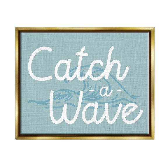 Stupell Industries Catch a Wave Phrase Landscape Painting Gold Floater Framed Canvas Art Print Wall Art, 31 x 25