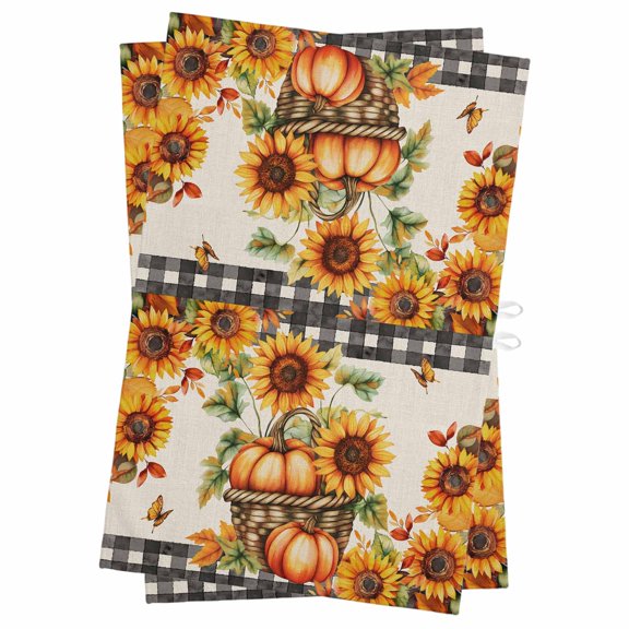 Fall Thanksgiving Kitchen Towels Set of 2, Water Absorbent Dish Towel, Country Retro Orange Pumpkin Sunflower Decorative Hand Towels - Quick Drying Cloth for Cooking Baking, 18x28 Inch