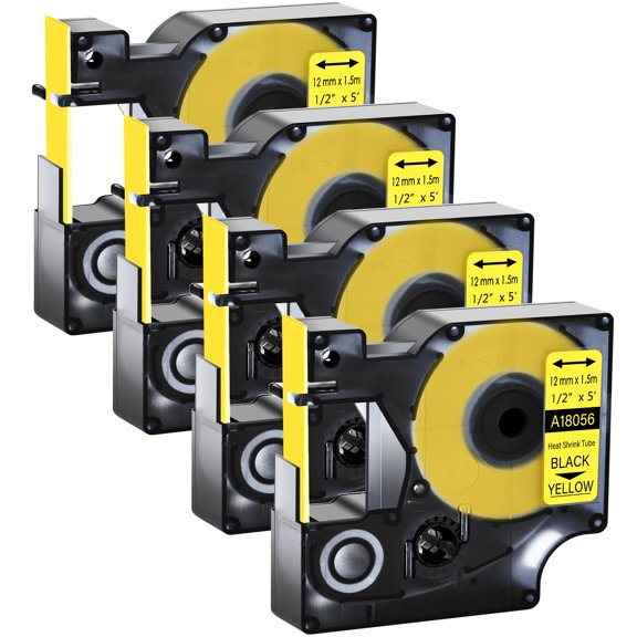 GREENCYCLE 4PK Industrial Rhino Heat Shrink Tubes Compatible for DYMO 18056 12mm 1/2" Black on Yellow Cable Label Tape