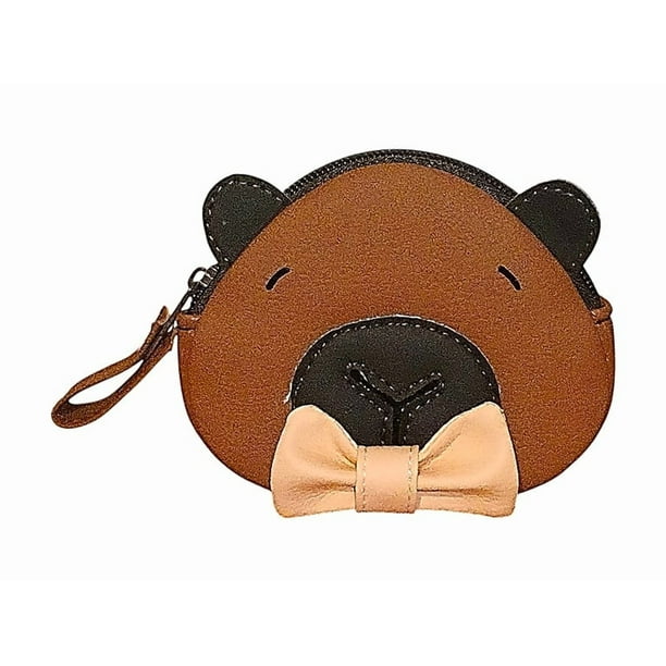 Monedero de CAPIBARA, Diseño de Animalito: Carpincho, Chigüire, Chigüiro o Ronsoco, Hydrochoerus, Color Marrón con Moño Rosa, Estilo Kawaii, Novedoso de Moda y Encantador.