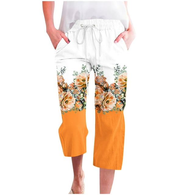 Pantalones Casuales de Mujer de Impresión Floral Cintura Elástica Suelta, Pantalones de Pierna Ancha Recta con Bolsillos