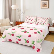 Manfei Cartoon Summer Cherry Twin Sheet Sets, Pink Red Fruit Twin Fitted Sheet, Teens Kids Girls Female Flat Sheet, Breathable Home Decor, 3-Piece