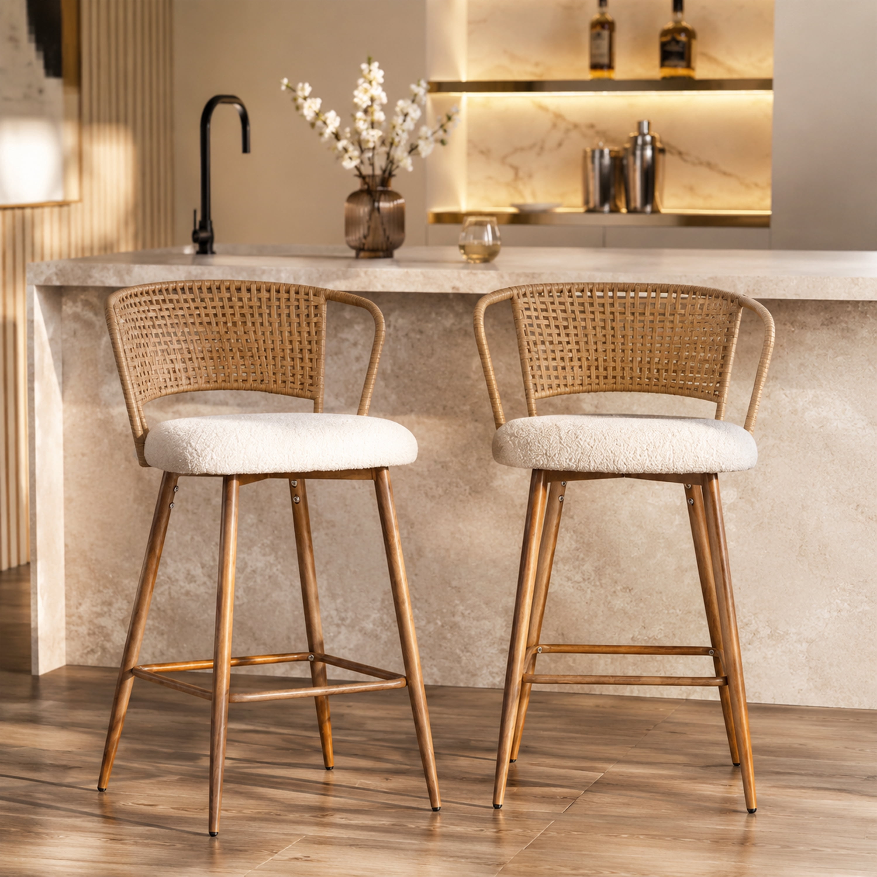 Set of 2 Rattan Backrest Bar Stools with Metal Legs and Upholstered Seat, Modern Boho Counter Stools and Kitchen Island Chairs, Cream