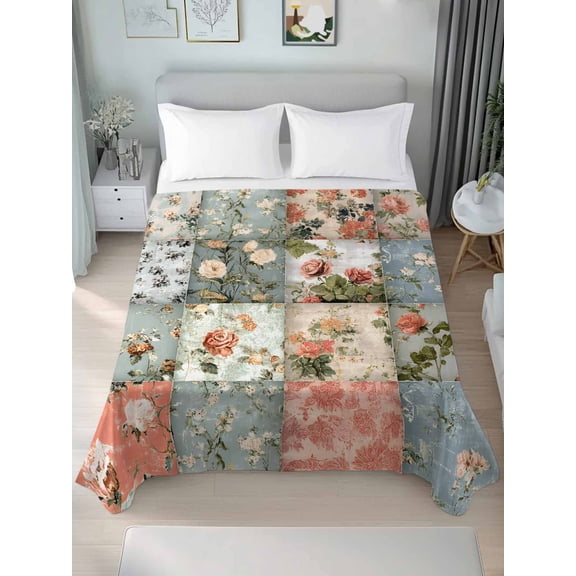 Elegant Spring Floral Twim Size Flat Sheet, Wrinkleproof & Fadeproof Cooling Flat Bed Sheet Only, Farmhouse Summer Botanical Plaid Breathable Soft Bedding Top Sheets 66 x 96 Inches