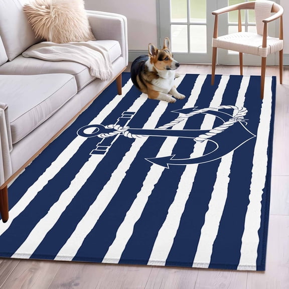 Area Rug 4x6 Ft, Navy Blue Anchor Nautical Non Slip Area Rugs for Bedroom, Navy Blue Striped Farmhouse Washable Low Pile Indoor Throw Carpet for Home Office Study Room Dining Room Nursery