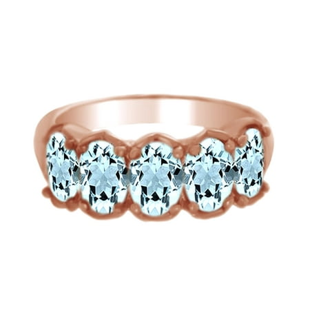 Oval Cut Simulated Blue Aquamarine CZ Five Stone Ring in 14k Rose Gold Over Sterling Silver By Jewel Zone US
