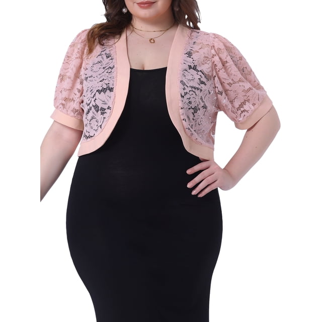 Cárdigans cortos de mujer plus size Agnes Orinda, con frente abierto, mangas cortas, encaje floral y boleros transparentes 2X Rosa