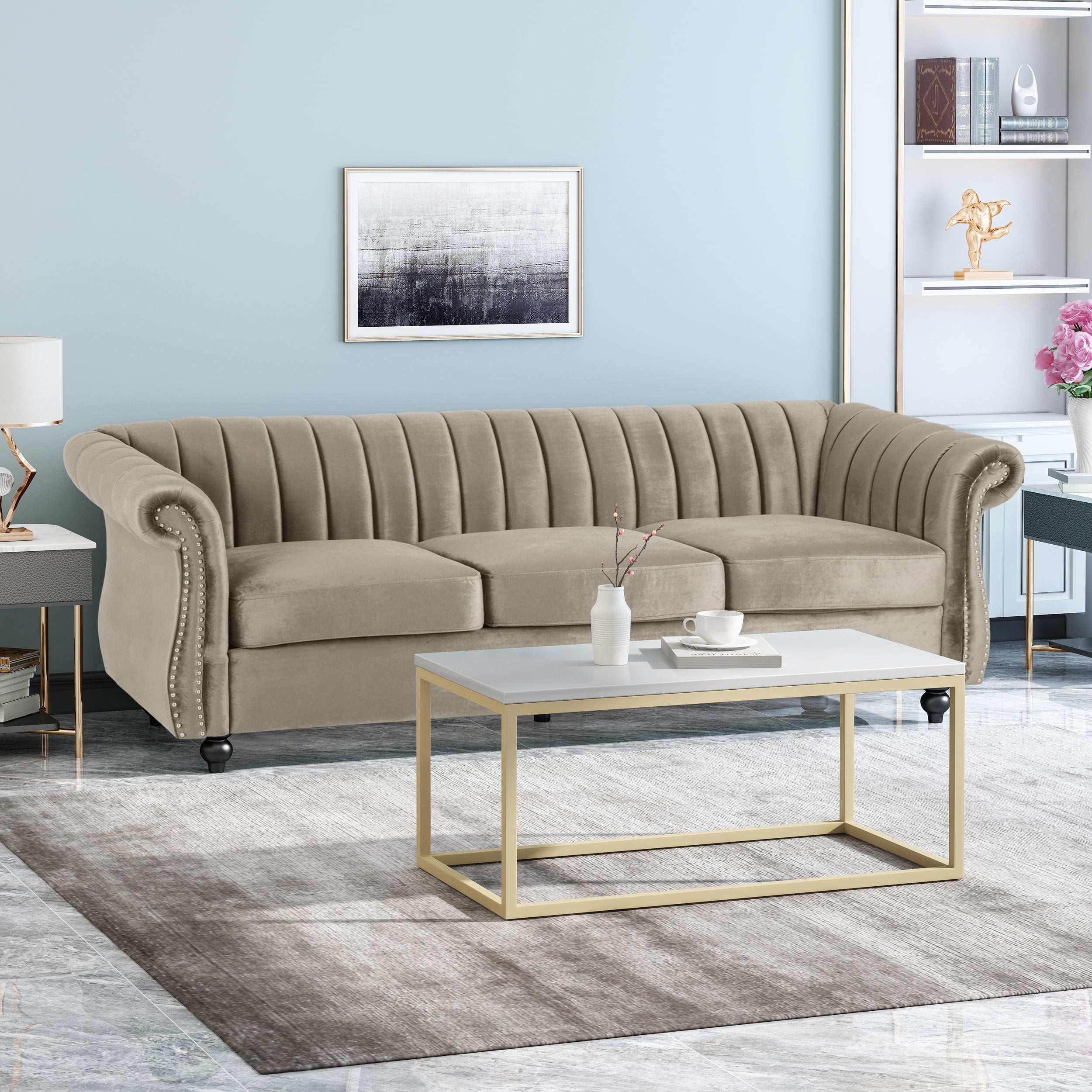 Noble House Kimmy Modern Glam 3 Seater Velvet Sofa, Dark Taupe