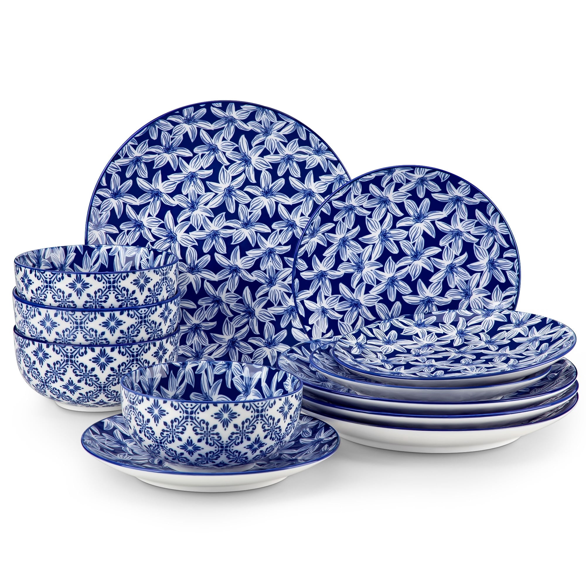 おしゃれなブルー系 ELLE 青白ストライプ花柄葡萄絵柄食器まとめ売りセット 10 Strawberry Street Double Line 16 Piece Stoneware Dinnerware Set