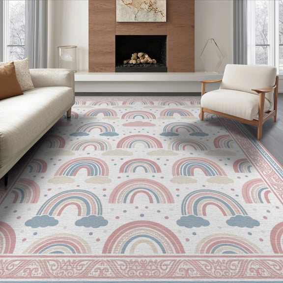 ODIKA 8'x10' Washable Area Rug Border Whimsical Scattered Polka Dot Motifs Pink Boho Scallop Playful Expressive for Dining Room, Large Office, Lounge, Non-Slip Chair-Friendly Mat
