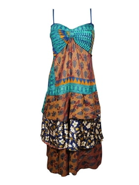 Mogul Women Summer Strap Dresses, Recycled Silk, Womens Spaghetti Strap Travel Dress, Brown Dress Printed Vacation Dress S/M