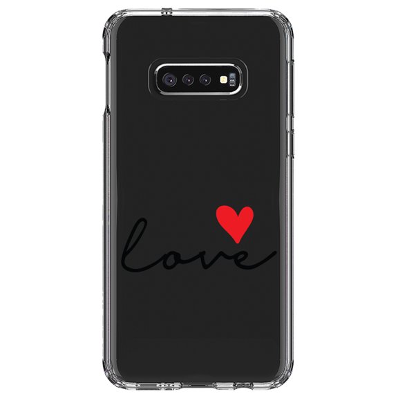 DistinctInk Clear Shockproof Hybrid Case for Samsung Galaxy S10e (5.8" Screen) - TPU Bumper Acrylic Back Tempered Glass Screen Protector - Love Heart Black & Red