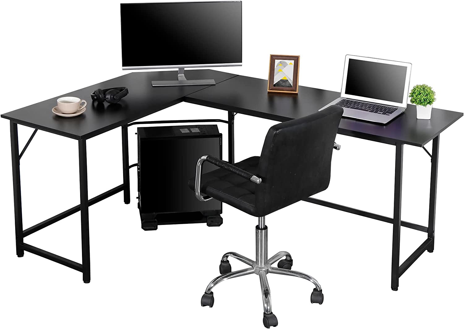Springg 66" L Shaped Gaming Corner Computer Desk with CPU Stand and Foot Rest Bar, PC Laptop Study Table Workstation Gaming Desk for Home Office, Black
