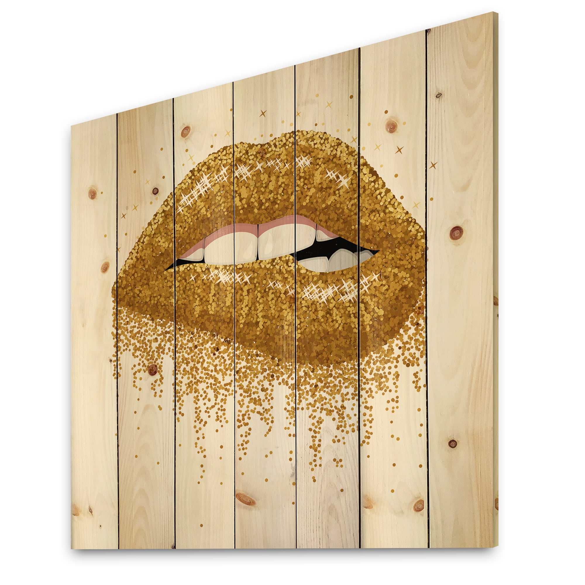 Designart 'Girl Lips With Glitter Gold Sparkles' Modern Print on Natural Pine Wood