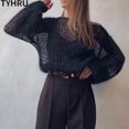 thumbnail image 1 of RWJDXD TYHRU Chandails Tricotés pour Femmes, Chandail Mince en Maille Ajourée pour Dame, Style Transparent, Manches Lanterne, Hauts Amples, Blouse, 1 of 7