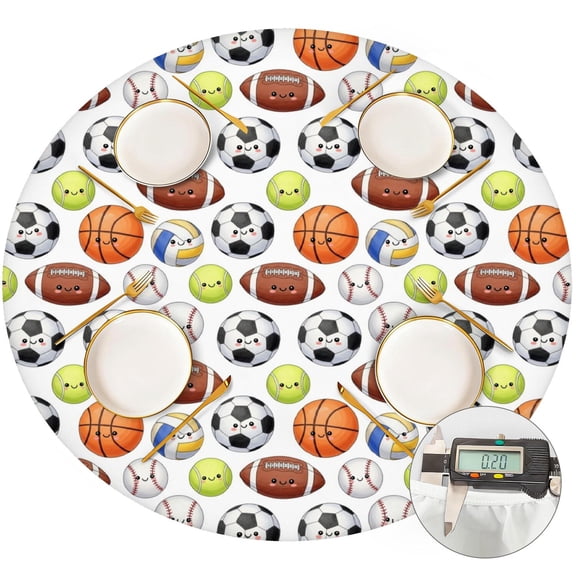 Football and Volleyball White Pattern Round Fitted Tablecloth with Elastic Edge, Waterproof Dining Table Cover for Indoor Outdoor Camping and Daily Use