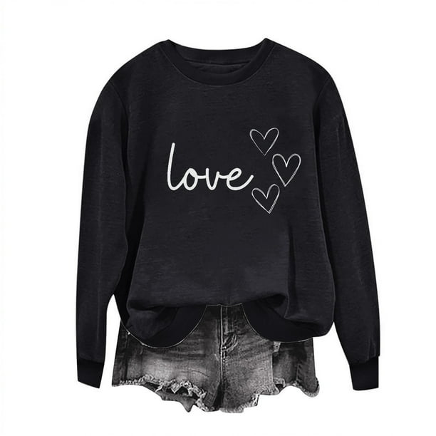 Sudadera Penkiiy Valentine para mujer: lindas camisetas del día de San Valentín Love Heart Graphic Print Suéter de manga larga Tops XS Black