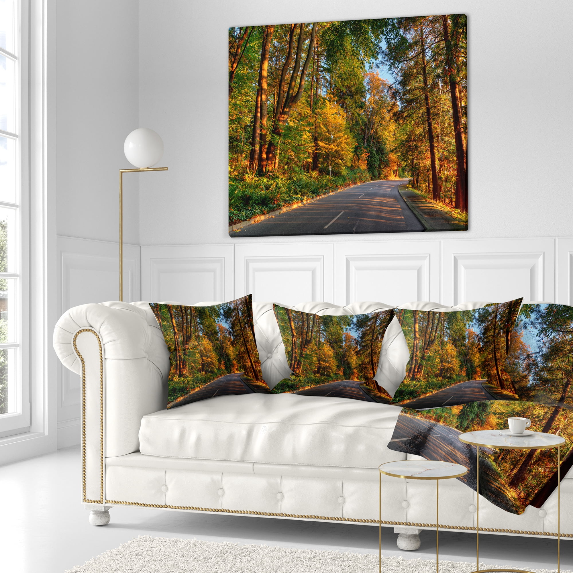 Designart Road through Lit up Fall Forest - Landscape Printed Throw Pillow - 18x18