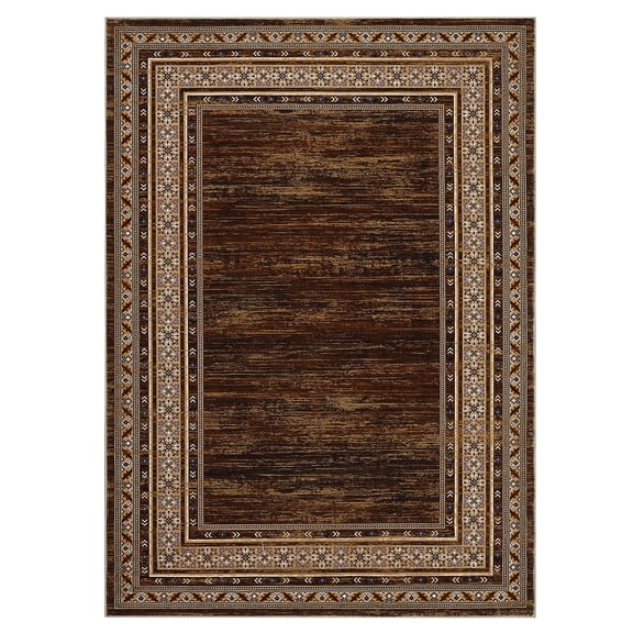 Brown Washable Area Rug 5' × 7' – Non Slip Low Pile Stain Resistant Hallway Rug for Bedroom, Living Room, Vintage Bordered Carpet for High-Traffic Areas