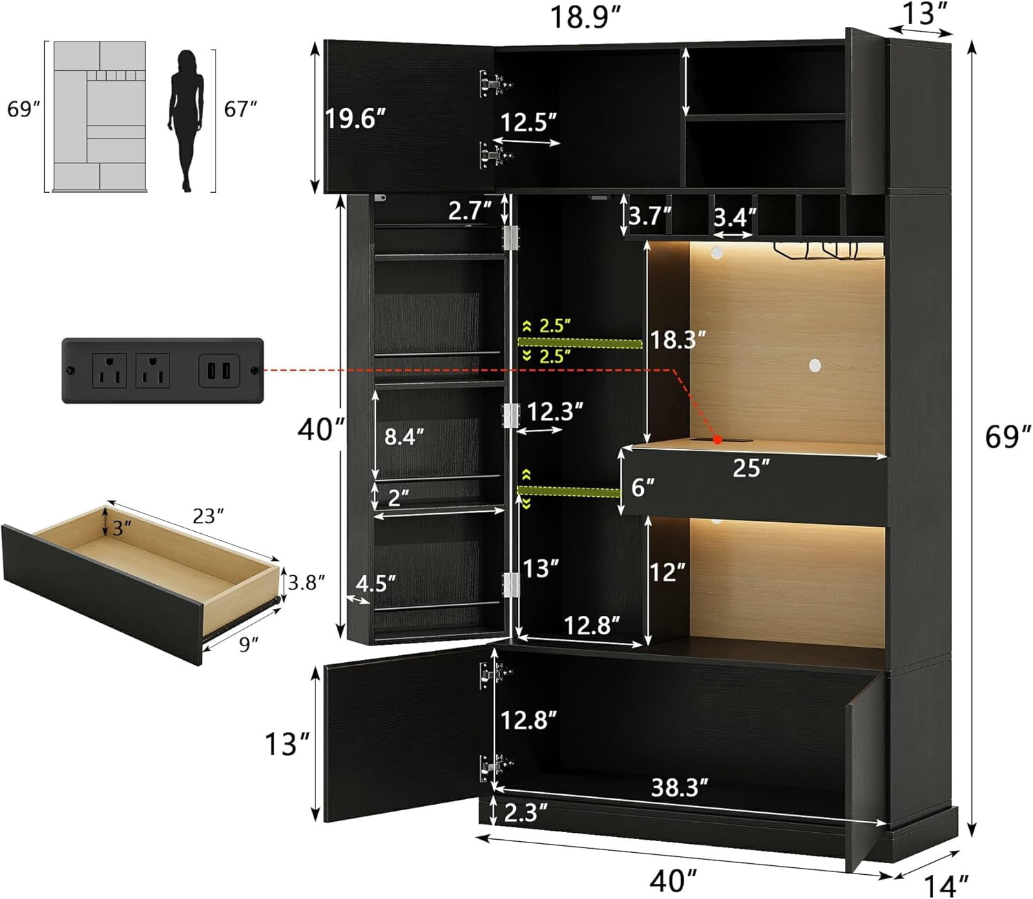iPormis 69" Tall Kitchen Pantry Storage Cabinet with LED Lights & Microwave Stand & Wine Rack for Living Room, Black
