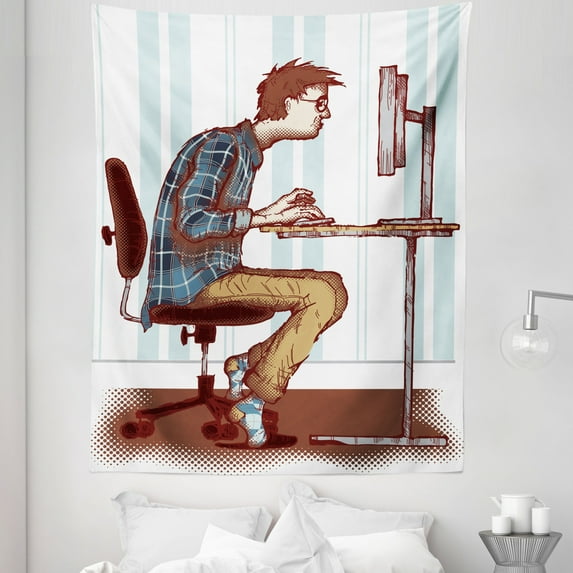 Geek Tapestry, Sketch of a Programmer Workaholic Guy Sitting in Front of Monitor and Keyboard Image, Fabric Wall Hanging Decor for Bedroom Living Room Dorm, 5 Sizes, Multicolor, by Ambesonne