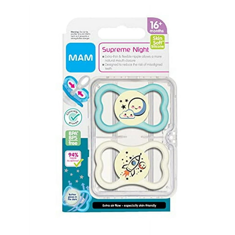 MAM Supreme Night Pacifiers (2 Pack, 1 Sterilizing Pacifier Case), Best  Pacifier for Breastfed Babies 16+ Months, Glow in The Dark Pacifiers, Boy  Pacifier 