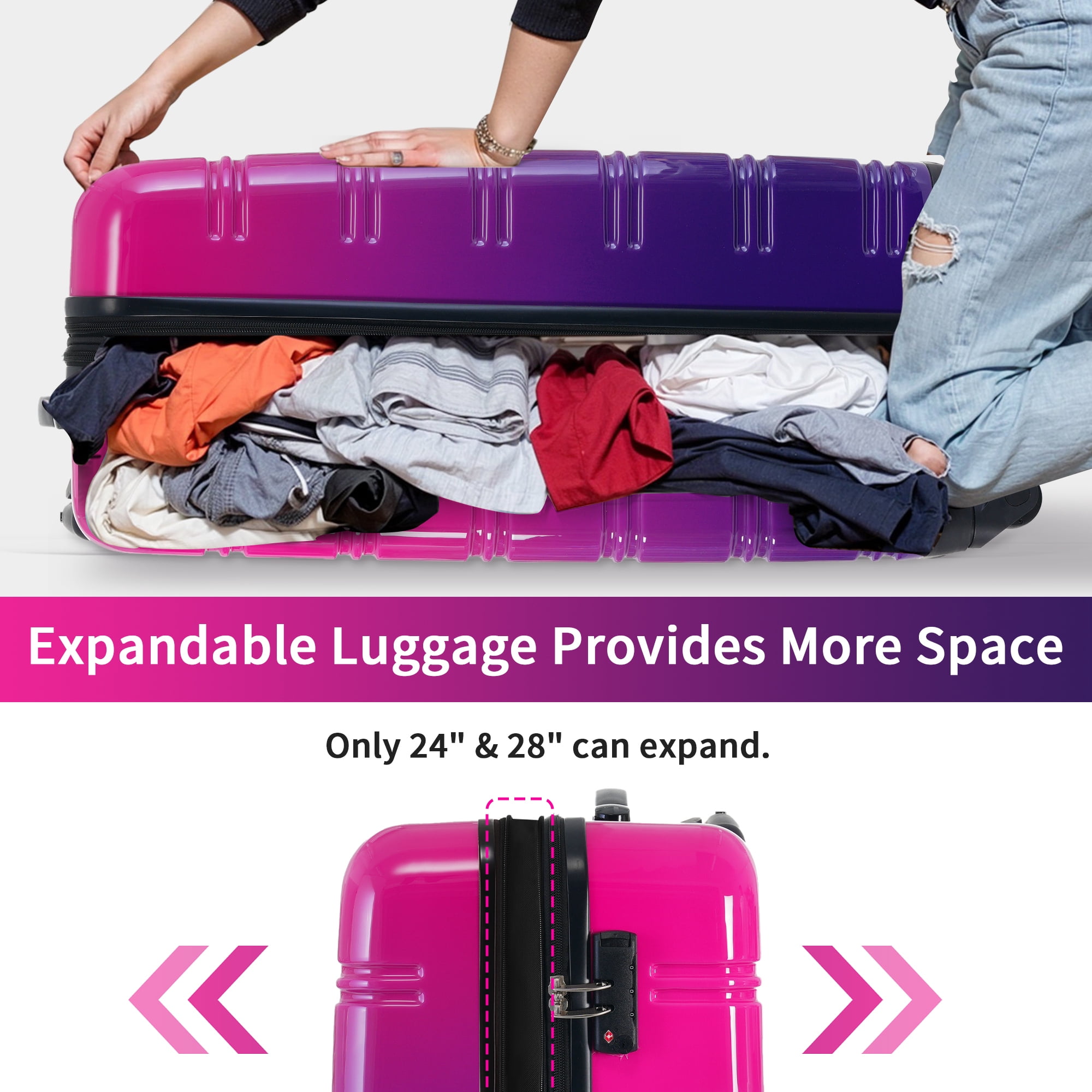 Oufan Gradient Color Expandable Luggage Sets of 3, Lightweight Travel Luggage with Wheels & TSA Lock, Carry-On & Large Checked Luggage, 20"/24"/28"