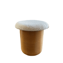 Aria Home Boucle and Wood Ottoman Stool, Round Storage Footrest Accent Seat, Coffee
