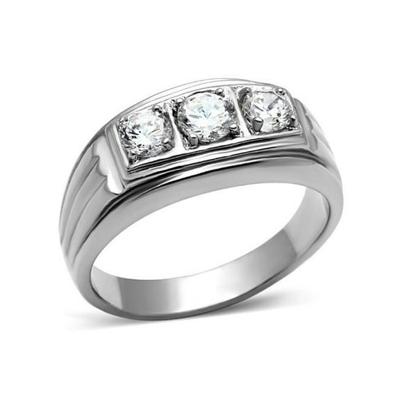 Men's Round Cut Cubic Zirconia, Silver Stainless Steel 316 Ring Size 10