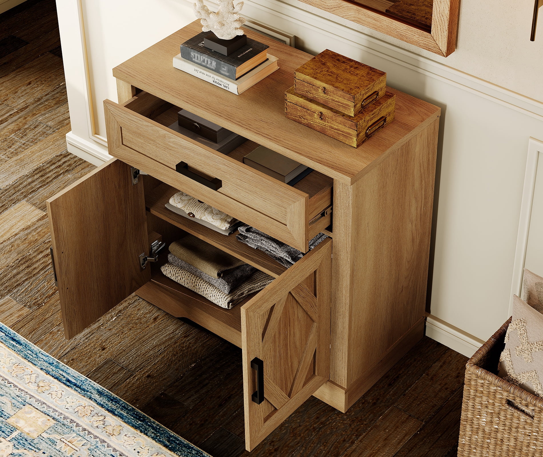 WAMPAT 126"W Large TV Stand,4-in-1 Farmhouse Entertainment Center with Storage Barn Door Cabinet,TV Console Table With Media Cabinet and Drawers for Living Room,Bedroom,Walnut