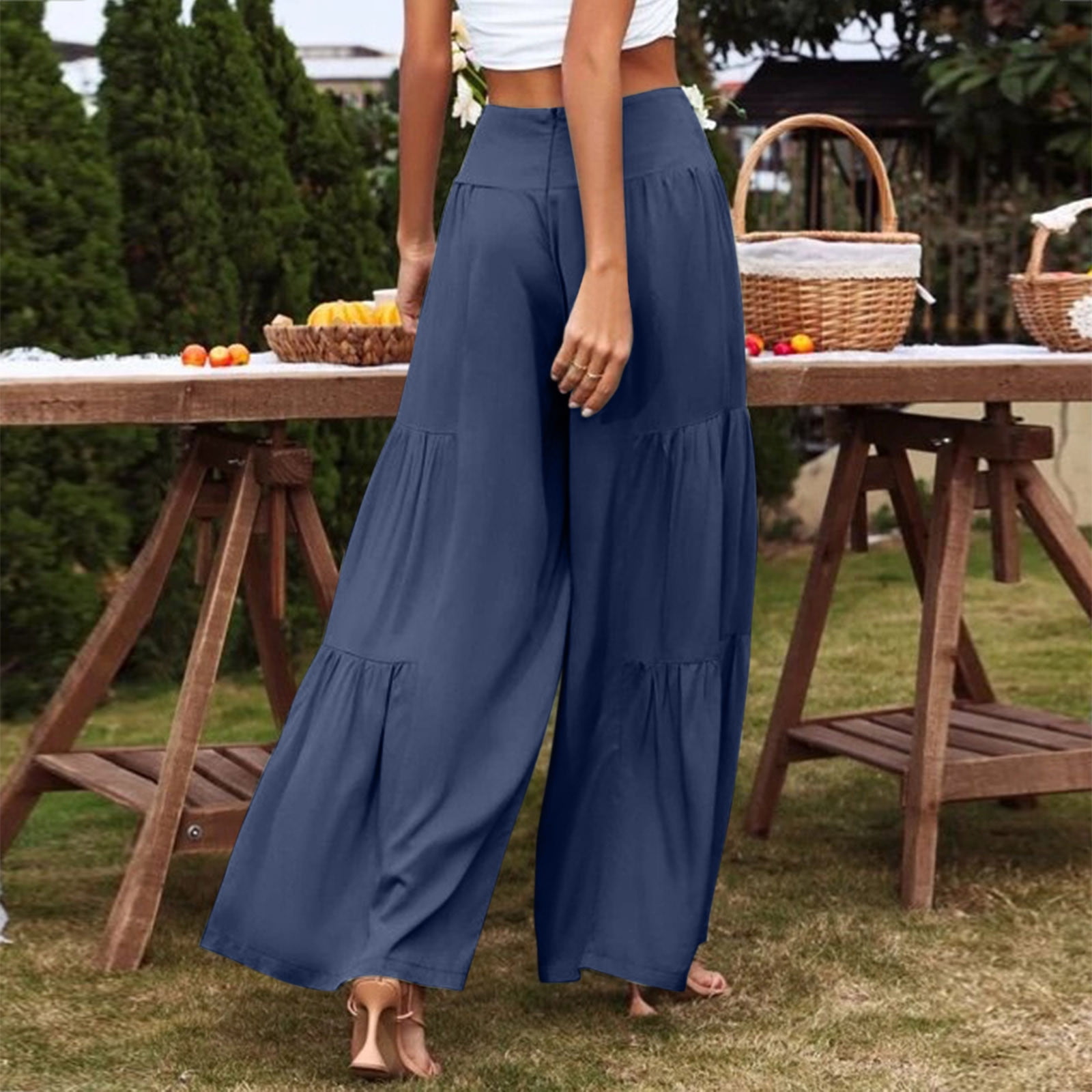 eczipvz Pants for Women Women's High Elastic Waist Wide Leg Paper Bag Pants  Work Office Trousers Navy,XL - Walmart.com