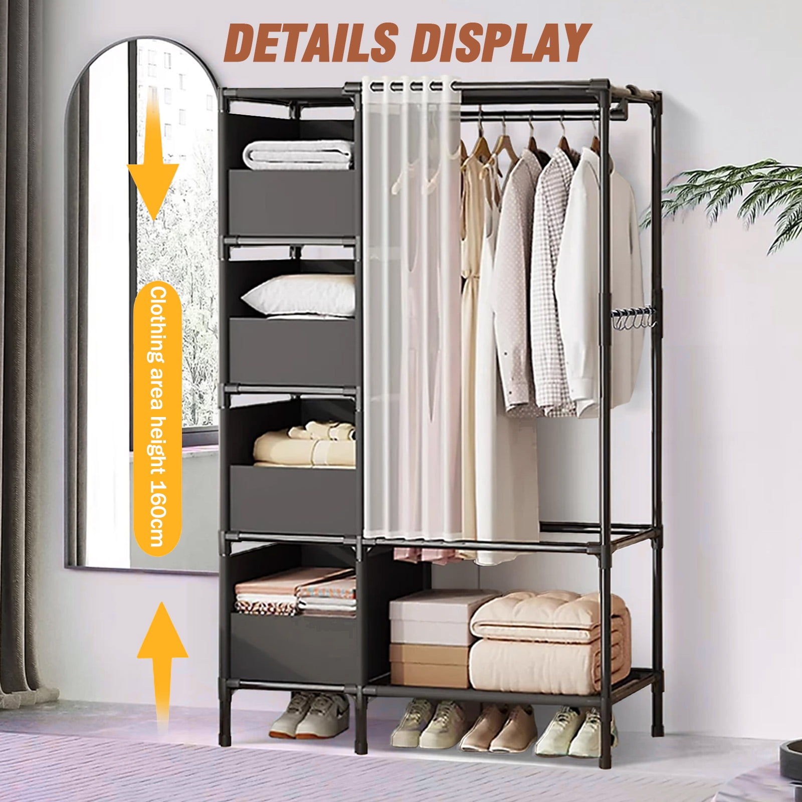 Clothes Rack, Portable Closet, Freestanding Closet Organizer with Curtain, 4 Tier Garment Rack for Bed Room, Black