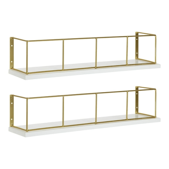 Kate and Laurel Benbrook 18-inch 2-Pack Wood and Metal Floating Wall Shelves, White and Gold
