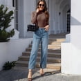 thumbnail image 4 of LWavelet Women High Waisted Cuffed Ankle Jeans Contrast Hem Washed Denim Pants Cropped Straight Leg Casual Jeans for Women Sky Blue S, 4 of 5
