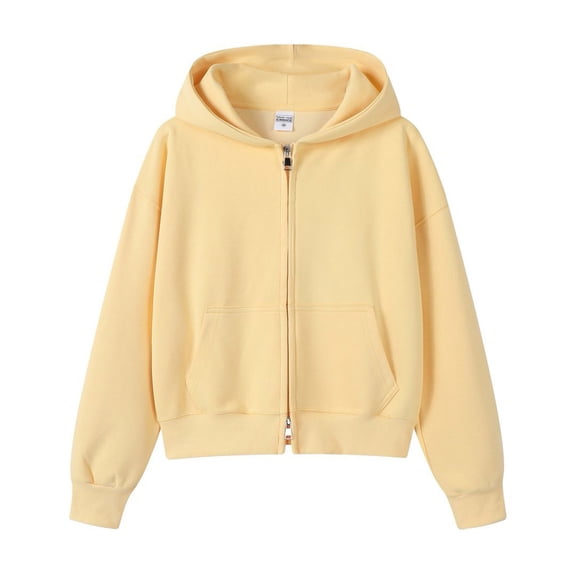 EDFBUYKRS Female Long Sleeve Hoodie Short Korean Style Hooded Zipper Cardigan Jacket Casual Women's Sweatshirt Lightweight Outerwear for Everyday Wear S