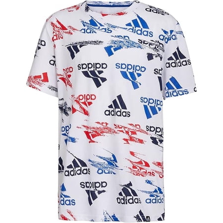 adidas Boys’ Glitchy Allover Print T-Shirt (X-Large, White/Multi)