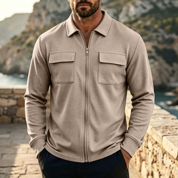 LYSMORA Men's Lapel Collar Full Zip Waffle Knit Shirt Jacket Long Sleeve Utility Outerwear with Chest Flap Pockets