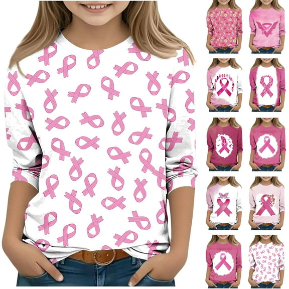 Feancey Breast Cancer Awareness T-Shirts for Girls 3/4 Sleeve Tunic Tops Teen Girl Cute Pink Ribbon Graphic Tee Comfy Casual Breast Cancer Shirt Pink-3 10-11 Years