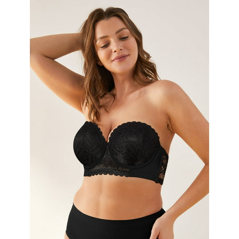 Deyllo Women's Push Up Strapless Bra Plus Size Lace Underwire Full Coverage  Multiway Invisible Bras,Black 38D