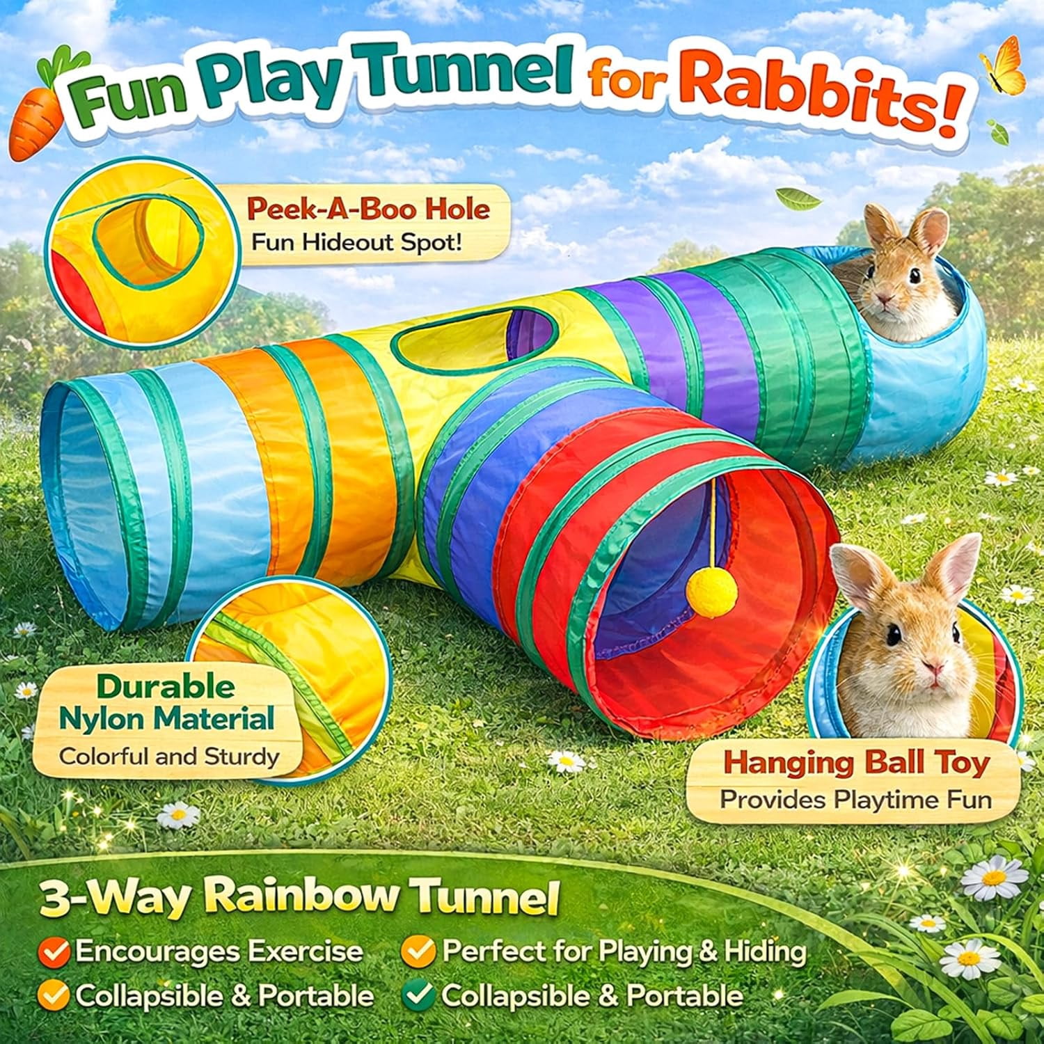 Rabbit Toys, Bunny Tunnels and Tubes with Chew Toys for Grinding Teeth Apple Sticks Bamboo Carrot Loofah and Grass Ball for Rabbit Guinea Pig Chinchilla Ferret Rat