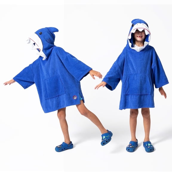 Party Hoot Kids Shark Hooded Towel Poncho, Cotton Swim Cover Up for Beach Pool Bath, Ages 6–10, 1 Count