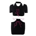 thumbnail image 4 of Conjunto de falda superior Manga corta Cuello halter Abrigo de cadera Casual Mujer Traje de 2 piezas para citas Fiesta Vacaciones Negro L, 4 of 6