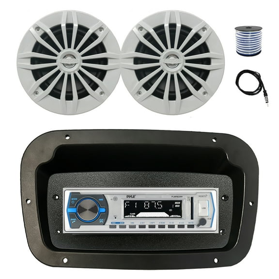 Pyle PLMRB29W Single DIN Bluetooth Marine MP3 Stereo Receiver, Spa bezel, Adapter Plate, 22" Radio Antenna, Wire, 2x 6.5" 180 Watt Max Power 2-Way Water Resistant Audio Speakers (White)