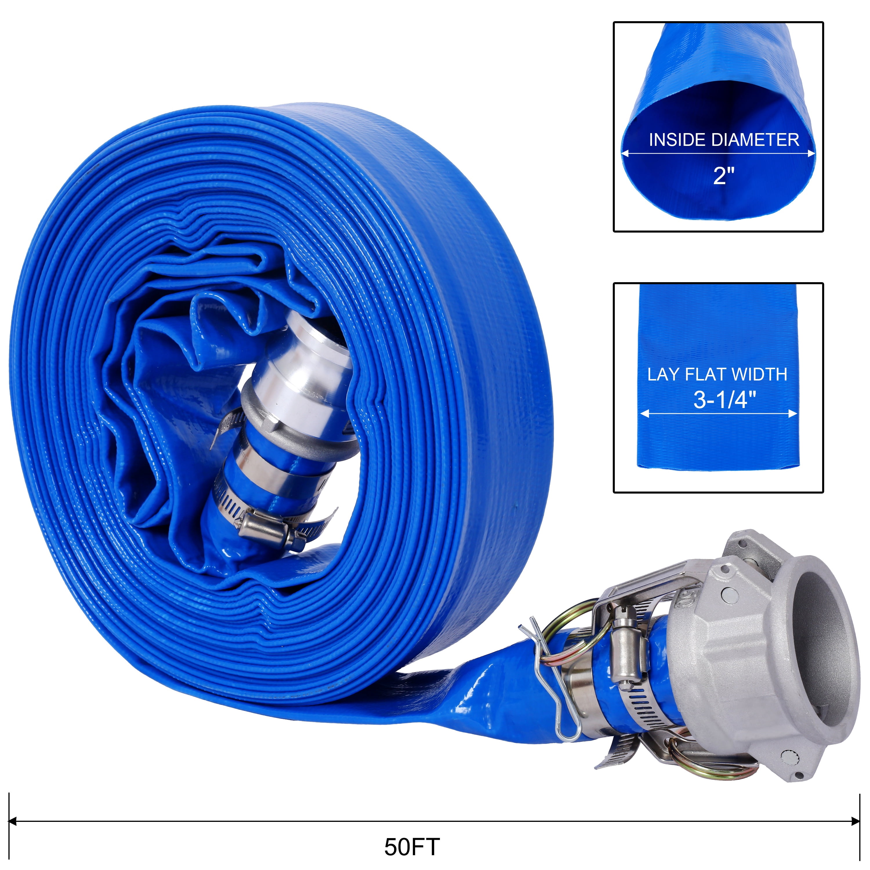 50ft x 2in Heavy-Duty PVC Discharge Hose with Aluminum Camlock Couplings (Type E & C) – for Pool, Irrigation, Industrial & Marine Use